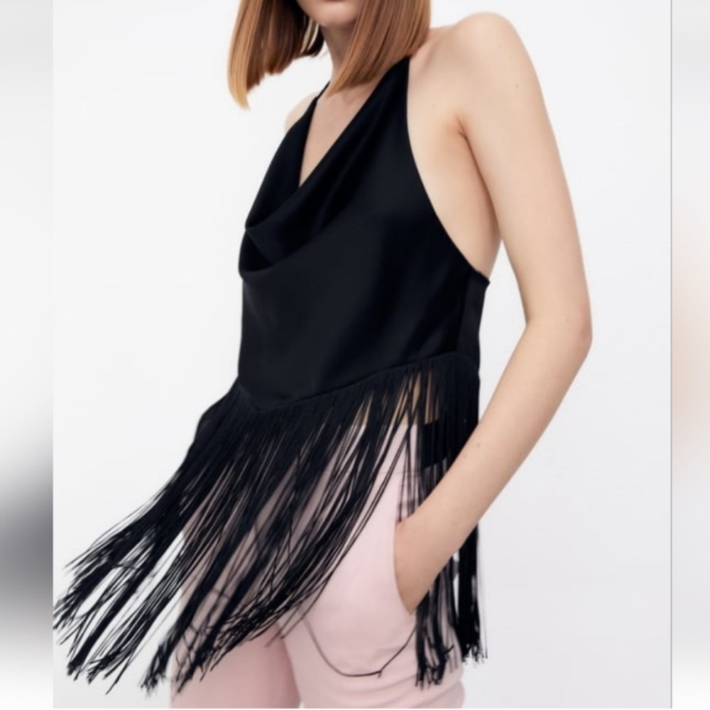 Zara Fringed Satin Effect Top